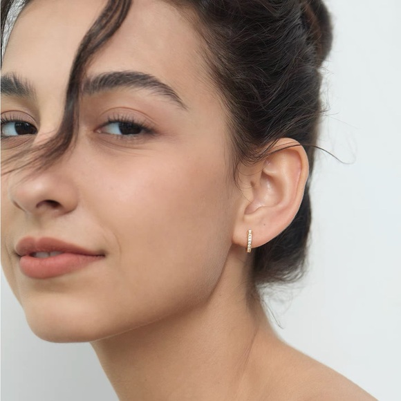 Elegant Gold Hoop Earrings, mini huggie hoops with cubic zirconia, mini hoops - Picture 4 of 5